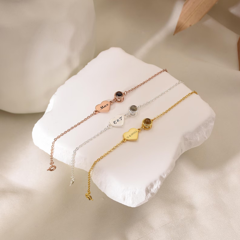 Rose Gold Bracelet - カスタムネームブレスレット 写真投影ブレスレット 女性用 刻印ハートピクチャーブレスレット 親友ギフト メモリアルジュエリー