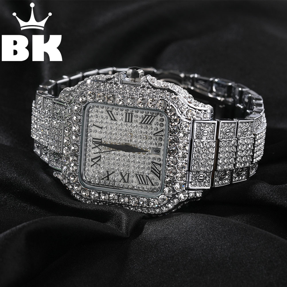 King'S Jewelry Watches - 男性と女性のためのきらびやかな正方形の時計,完全なマイクロ舗装,丸いカットのラインストーン,大きなクォーツ,高級ジュエリー,アイシング