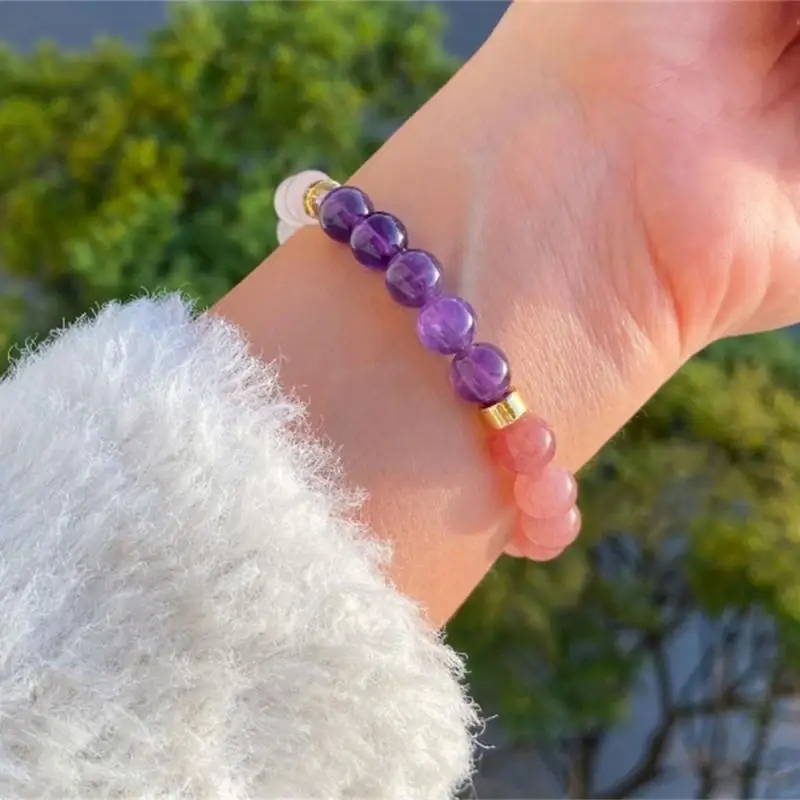 Rose Gold Bracelet - 天然アメジストローズクォーツビーズブレスレットゴールドスペーサービーズ弾性ストレッチクリスタルブレスレット女性用ヒーリングリストジュエリー