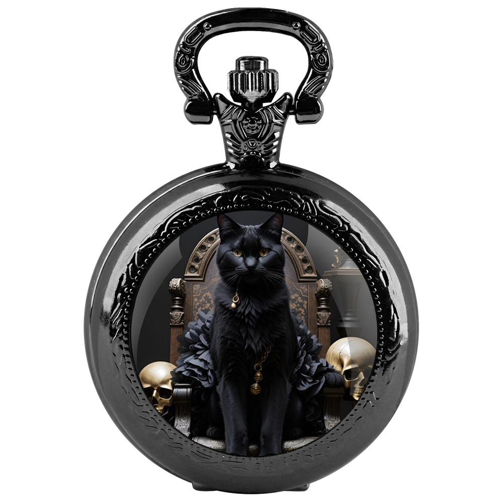 ブラックステンレス鋼クールキング猫クォーツ懐中時計ネックレス - King'S Jewelry Watches のレビューと価格