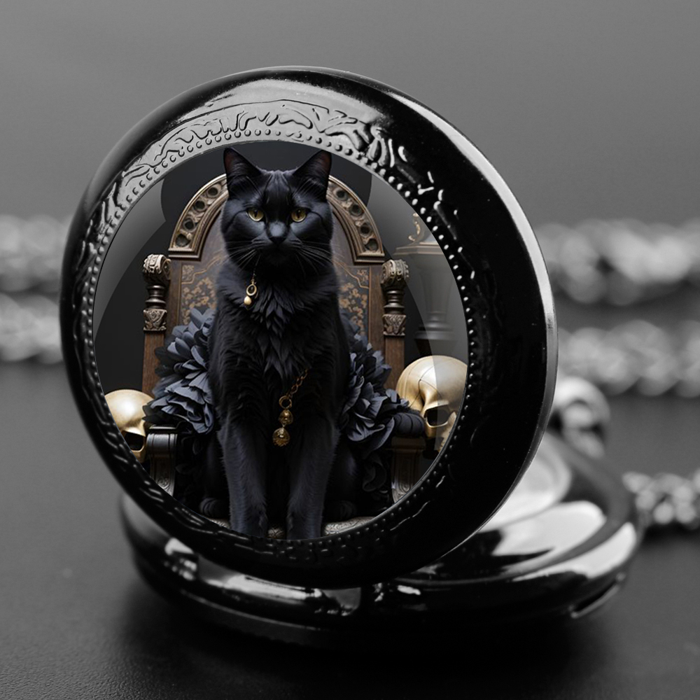 ブラックステンレス鋼クールキング猫クォーツ懐中時計ネックレス - King'S Jewelry Watches のレビューと価格